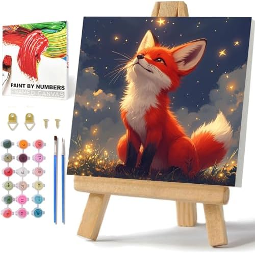 hkejoi Fox Paint by Numbers Kit for Kids, Fox Paint by Number for Kids Framed and Easel, Painting by Numbers, Easy DIY Crafts for Gift Home Wall Decor 8x8 in