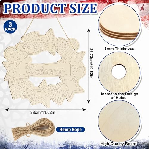 Large 12" Wooden 4th of July Crafts Star Ornaments to Paint, DIY Blank Unfinished Star Door Sign Wreaths for Front Door Plaque 250th Anniversary Hanging Patriotic Day Independence Day Decoration