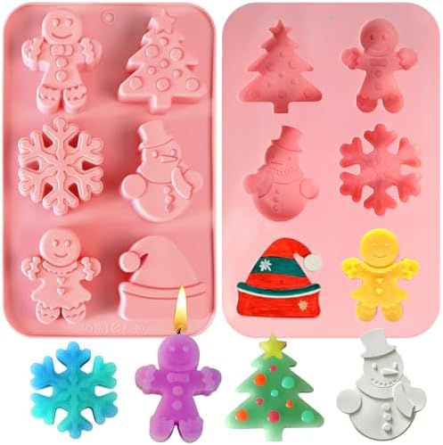 Gingerbread Soap Molds, 2 Pack Christmas Theme Silicone molds 12 Cavity | Xmas Tree Snowman Santa Hat Snowflake 5 Shapes Soap Mold for Lotion Bar Beeswax Resin Candle, Baking Mold for Chocolate