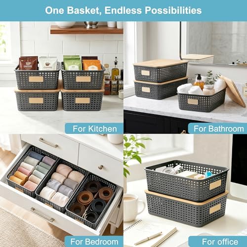 Bagnizer 4 Pack Plastic Storage Bins with Bamboo Lids, 6.2qt Stackable Storage Organizer Box with Lable for Pantry Shelves Drawers Desktop Office, 12"L x 8.3"W x 3.5"H, Gray