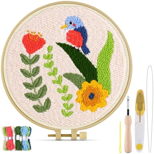 TINDTOP Punch Needle Kits, DIY Punch Embroidery Kits for Adults Beginner, Tool with Punch Needle Fabric, Hoops, Yarns and Sewing Needles (Set C)