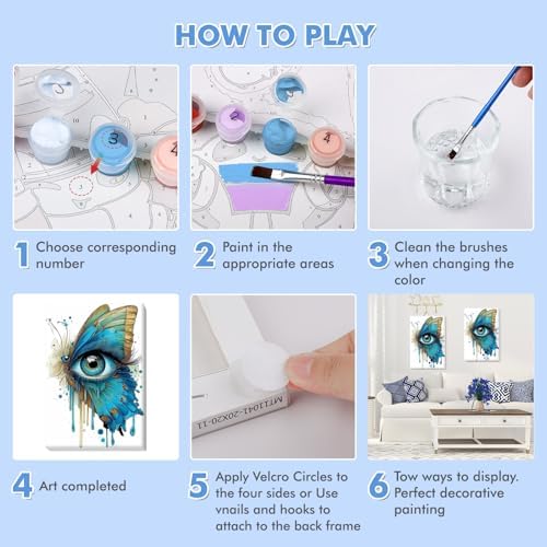 Bowetile Framed Paint by Numbers Eyes Kit for Adults, Adults' Paint-by-Number Kits on Canvas, Painting by Numbers Butterfly, Acrylic Number Painting Gifts for Home Wall Decor, 8x12in