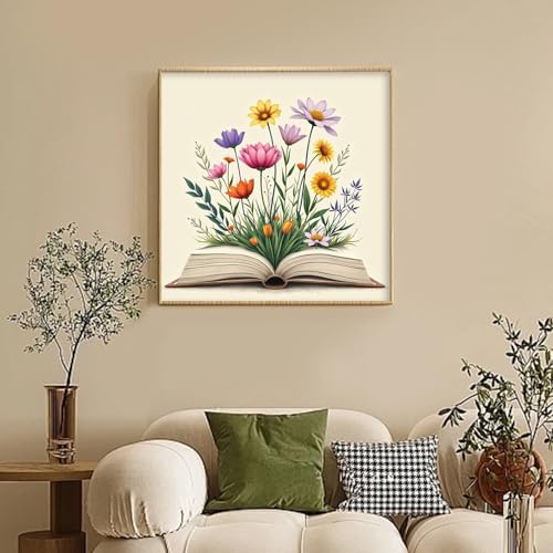 Camocin Framed Paint by Numbers Kit for Adults Beginner - Book and Wildflowers Paint by Number Canvas with Frame, Cottagecore DIY Acrylic Painting Kit for Book Lovers Home Wall Decor 12x12 Inch