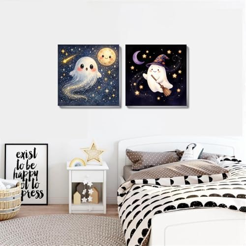 pchmcu 2 Pcs Halloween Paint by Numbers Kits for Kids Framed - Ghosts Adults' Paint-by-Number Kits on Canvas Easy Acrylic Oil Painting by Number for Home Decor Gifts 8x8 inchs