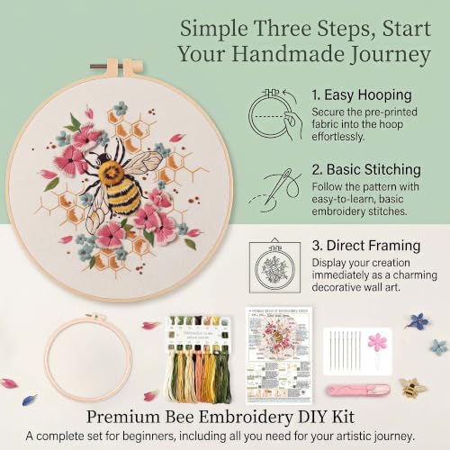 Harimau Beginner Adult Embroidery Kit, All-in-One Starter Pack with 3 Patterns, 3 Hoops, Scissors, Needles, Instruction Manual & Stitching Video Guides