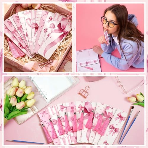 Kosiz 12 Pcs Pink Bow Paint by Number Kit for Adult Wood Bookmark | Mini Paint by Numbers Kit, Painting Decor, Tiny Tassels Blank Bookmarks, for Small DIY Craft Book Lovers Gift 7x2 ''