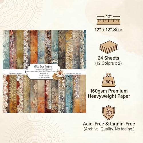 Vintage Scrapbook Paper 12 ×12 - 24Sheets Double-Sided Pattern Decorative Paper | Scrapbook Supplies & Card Making Supplies for DIY Crafts Art Journaling Photo Album Decor (Brown)