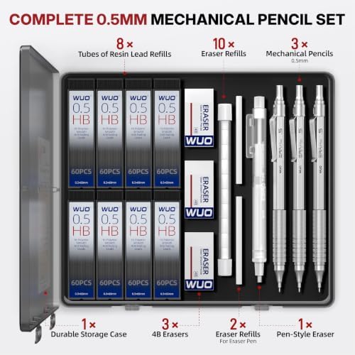 WUO 0.5mm Mechanical Pencil Set, 3 Pack Sliver Metal Drafting Pencils
