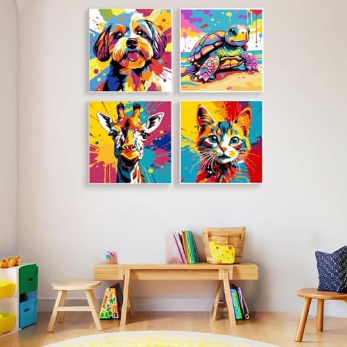 bleihum 4 Pack Paint by Numbers Kit for Kids with Frame Wooden Easel | Easy Paint by Number Kids Animals, Diy Acrylic Oil Colorful Painting by Numbers for Teen Boys Girls Home Decor 8x8Inch