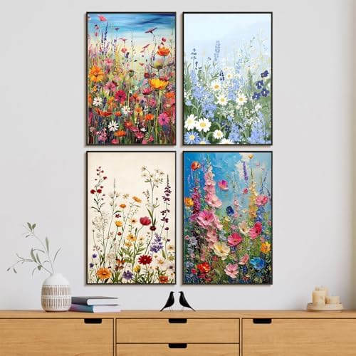 4 Pack Framed Paint by Numbers Kit for Adults Wildflowers with Wooden Easel | With Frame Canvas, Flowers DIY Acrylic Painting, For Adults Beginner, Stress Relief Craft Kits, Home Wall Decor Gift, 8x12 IN