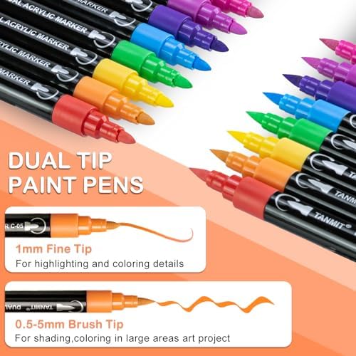 TANMIT 24 Colors Dual Tip Acrylic Paint Markers, Paint Pens Set with Brush Tip and Fine Tip For Fabric, Rock, Wood, Glass, Eggs, Scrapbook, DIY Crafts Making Art Supplies - Teacher Appreciation Gift