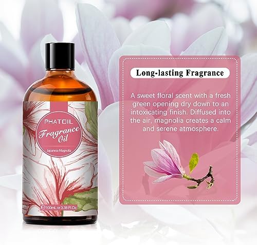 PHATOIL Japanese Magnolia Fragrance Oil for Diffuser Aromatherapy 3.38FL.OZ | Long Lasting Scented Oils For Humidifier, Air Freshener, DIY Soap Candle, Scent Project Making, Aroma Oil for Home Freshening