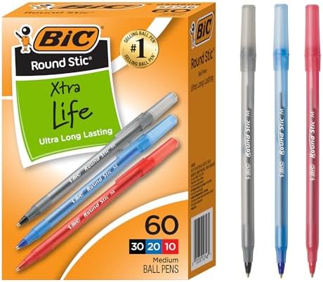 BIC Round Stic Xtra Life Assorted Ink Ballpoint Pens, 60-Count, 1.0mm
