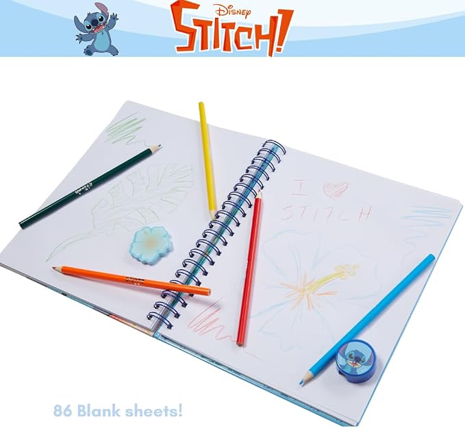 Disney Stitch Sketchbook for Kids with Colored Pencils, Pencil Sharpener, Eraser, Spiral Bound, Blue