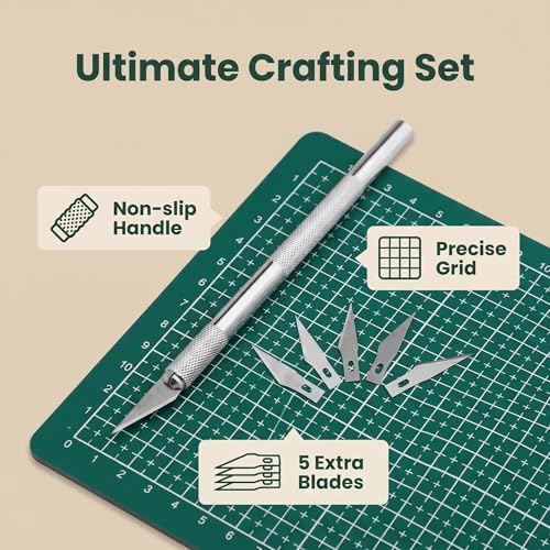A3 Self Healing Cutting Mat Double Sided, 12x18 Inch Rotary Cutting Board with Aluminum Alloy Craft Knife and 5 Spare Blades, Precision Craft Mat for Sewing Quilting Fabric Scrapbooking Model Making