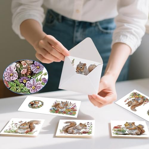 AiYuanzsh 6 Pack Diamond Painting Greeting Cards with Envelopes, DIY 5D Diamond Art Card Kit Featuring Cute Squirrels, 30x15cm Handmade Rhinestone Cards Crafts for Greetings and Seasonal Wishes