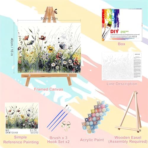 Flower Paint by Numbers for Adults with Framed Canvas - with Wooden Easel