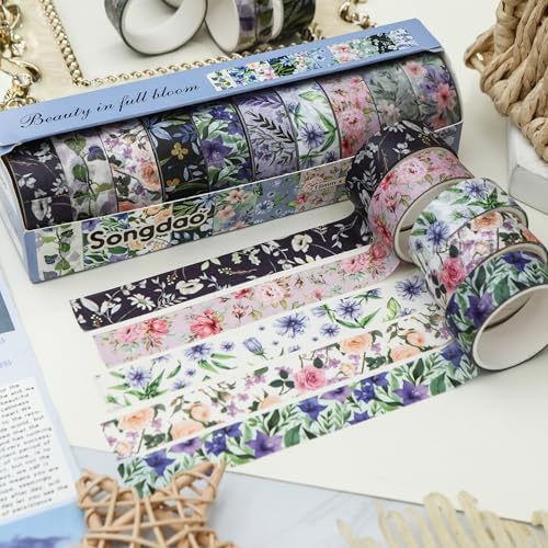 10 Rolls Blooming Flowers Washi Tape Set Floral Arts Adhesive Tapes Colorful Garden Decorative Masking Tape Sets for Craft, Kids, Scrapbook, DIY, Gift Wrapping (4-Purple)