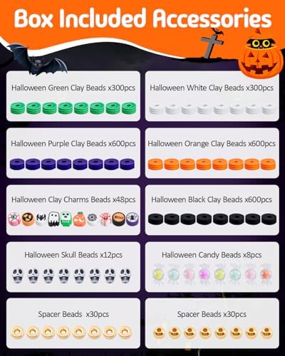 Taybonds Halloween Clay Beads Friendship Bracelet Making Kit for Party, Jewelry Making Kit with Polymer Clay Charms and Skull for Bracelets, Gifts