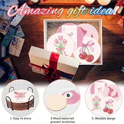 8 Pcs Pink Disco Diamond Art Coasters Kits, Diamond Painting Coasters Kits