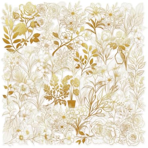 50 Pcs PET Transparent Gold Plant Stickers, Waterproof Vinyl Gold Foil Floral & Foliage Decals for Laptop Skateboard Luggage, Elegant Botanical Stickers Gift for Kids Teens Adults(Golden Plants)