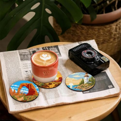 CRZMODE 8 Pcs National Park Diamond Art Coasters Kits, Diamond Painting Coasters with Holder Set of 8, DIY National Park Art Crafts Supplies for Adults Cup Mat House Warming Gifts Non-Slip