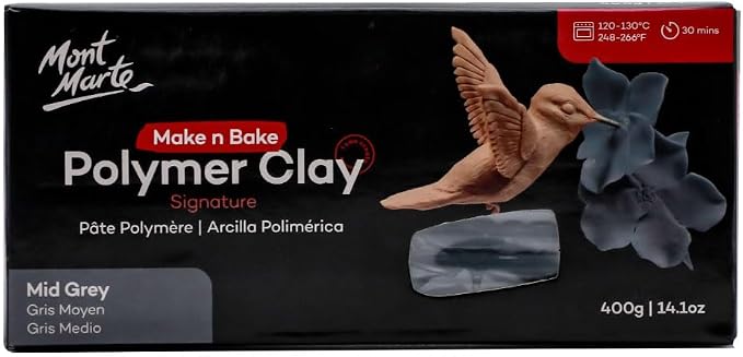 Mont Marte Make n Bake Polymer Clay Signature Mid Grey 400g (14.1oz) Block, Bake in Oven, Soft and Smooth, Sculpting, Craft, DIY Décor, Jewelry