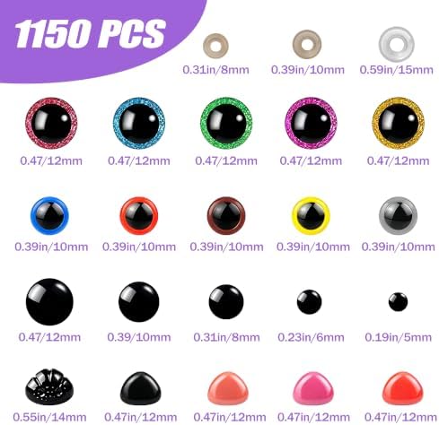 Safety Eye Tool Kit for Amigurumi & Crochet-1150PCS 3D Glitter Safety Eyes,5-30mm Stuffed Animals Safety Eyes Doll Making Supplies,Safety Eye 10-30mm Sizer Tool,Ergonomic Design for Crafting (Purple)