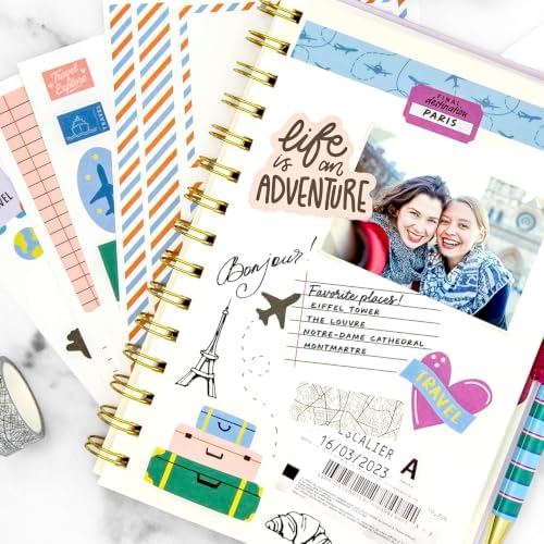 PAPERAGE Travel Journal Kit, Travel Notebook & Scrapbook Set, Hardcover Blank Spiral Notebook, 5 Sticker Sheets, 2 Photo Corners, 3 Washi Tapes & Black-Ink Gel Pen with Pen Holder - Cognac