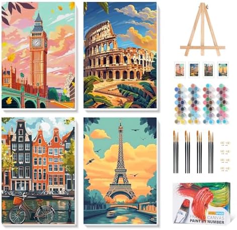 Camocin 4 Pack Framed Paint by Numbers Kit for Adults with Wooden Easel | Paris London Rome European Cityscape Artwork, DIY Canvas Painting Set, Home Wall Decor, Beginner Friendly, 8x12 Inch
