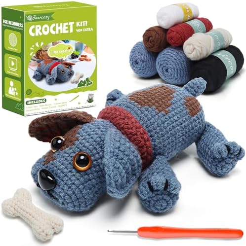 Faircosy Animal Crochet Kit for Beginners Adults: Learn to Crochet Starter Kits with Detailed Video Tutorials - DIY Crochet Cute Dog Kit for Women Men