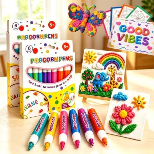 New 2027 Popcorn Pens, 6/12 Colors 3D Bubble Drawing Pen, Heat Activated Puff Paint Raised Texture Craft Tool for DIY Artwork, Greeting Cards, Scrapbooking & Kids' Projects., 6PCS-2 Box