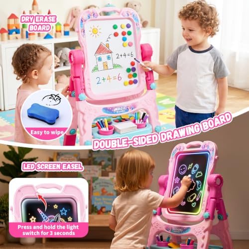 2-in-1 LED Drawing Board, Art Easel for Kids – Adjustable Double-Sided Rotatable Art Easel with Painting Accessories, Preschool Learning Toy for Girls Aged 3-5, Perfect Christmas, Birthday Gift (Pink)