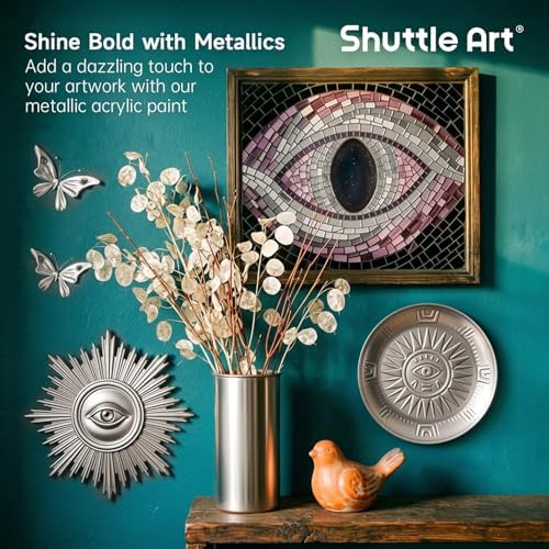 Shuttle Art Metallic Sliver Acrylic Paint, 8.45 oz (250 ml) Silver Leaf Paint With Brush, Non Toxic, Non Fading Silver Paint for Crafts, Metal, Wood, Clay, Ceramic, Canvas, Furniture