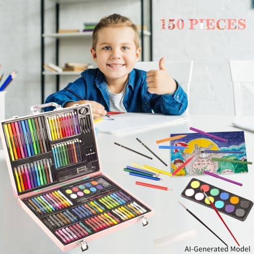 KINSPORY 150PC Art Set with Sketch Book, Coloring Art Kit Drawing Art Supplies Case, Markers Crayon Colour Pencils for Budding Artists Kids Teens Boys (Pink)