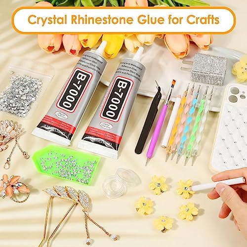B7000 Glue Clear with Precision Tip, 2Pcs 110mL Jewelry Bead Gem Glue, Strong Adhesive Bedazzling Glue with Silver Rhinestones, Dotting Pen Tool for Jewelry Making Fabric Clothes Shoes DIY Crafts