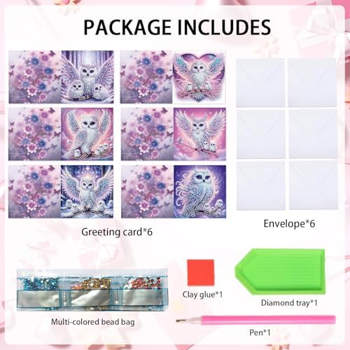 6 Pack Diamond Art Greeting Card Kits with Envelopes, Special Shaped Diamond Painting Cards, DIY Rhinestone Diamond Art Cards for Birthday Christmas Mother Day (Owl Mother and Owlet, 30x15cm)