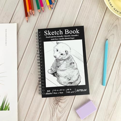 DSTELIN 2 Pack 7.5 x 5.1 Inch Spiral Bound Sketch Pad, Black Cover, 50 Sheets,100gsm, Hardcover, Suitable for Sketching and Drawing, Ideal for Daily Art Creation