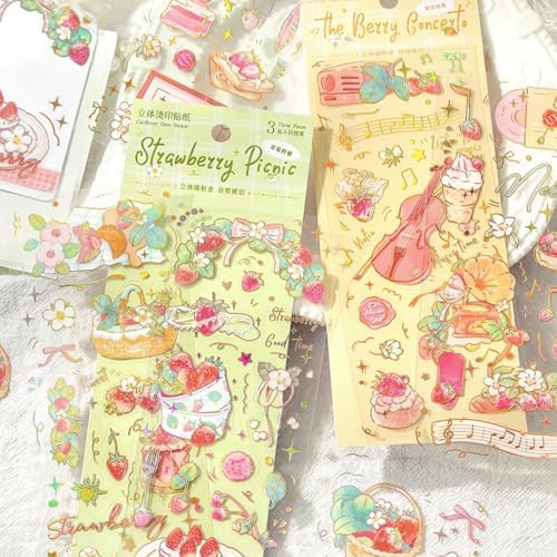 Strawberry Stickers for Journaling,12 Sheets Vintage Pink Berry & Dessert Decorative Stickers, Waterproof Vinyl Stickers for Scrapbook, Planners, Laptop, Water Bottles, DIY Crafts, Kawaii Stickers