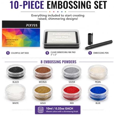 Embossing Kit, Powder, Clear Embossing Pen, Embossing Ink Pad, 8X 10ml Embossing Powders for Use with Embossing Heat Tool for Crafts