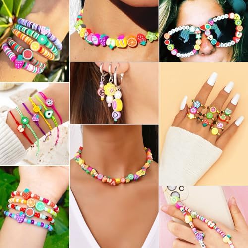 Gionlion Fruit Polymer Clay Beads Bracelet Making Kit, Colorful Clay Beads with Lemon, Strawberry, Avocado, and Watermelon Designs for DIY Jewelry, Bracelet & Necklace Making Crafts