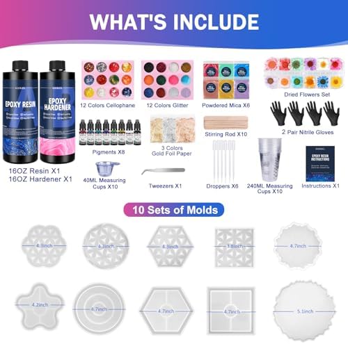 KISREL Epoxy Resin Kit for Beginners, 32oz Resin Kit with Coaster Molds, Complete Accessories Include Pigment, Mica Powders, Dried Flowers, Glitter, Measuring Cups and Other Resina Supplie