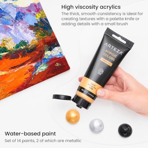 ARTEZA Acrylic Paint Set of 14 Colors, 4.06 Ounce Tubes, Non- Acrylic Artist Paints. Art Supplies for Painting
