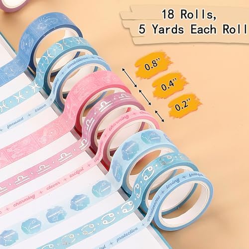 Washi Tape Set of 18 Rolls, Assorted Sizes, Decorative Tape for Journaling, Scrapbook, DIY Décor, Craft Supplies, Gift Wrapping, Metallic Foil, Celestial Pink and Blue