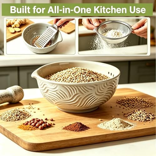Ceramic Grater Bowl, 2-in-1 Garlic Grater & Herb Stripper (blue, 7Holes)