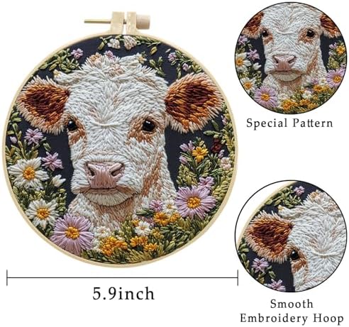 LB 4 Pack Farmhouse Cow Embroidery Kit for Beginners Rustic Floral Plant Beginner Embroidery Kit for Adults DIY Starter Kit with Embroidery Hoop Colorful Threads Tools and Instructions