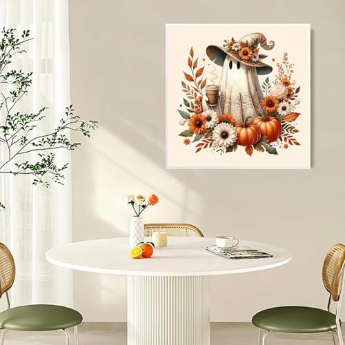 RYMILIE Halloween Diamond Art Kits for Adults Fall Pumpkins 12x12inch | 5D Coffee Ghost Diamond Painting Kit for Beginners, DIY Full Round Drill Gem Art Crafts for Home Wall Decor Gift