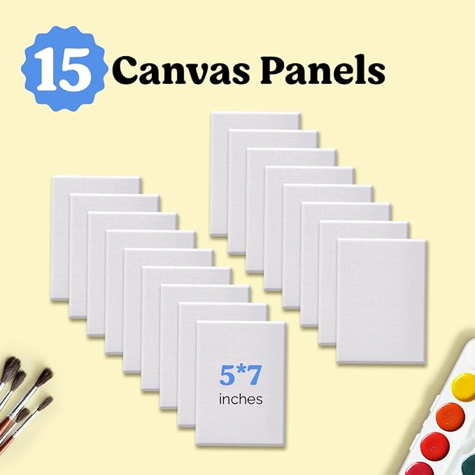 Chalkola 15 Paint Canvas Panels 5x7 inch for Acrylic Painting & Oil Art | Primed 100% Cotton Boards (15 Pack), Acid-Free Blank Canvases for Professional Artists, Hobby Painters, Kids & Beginners