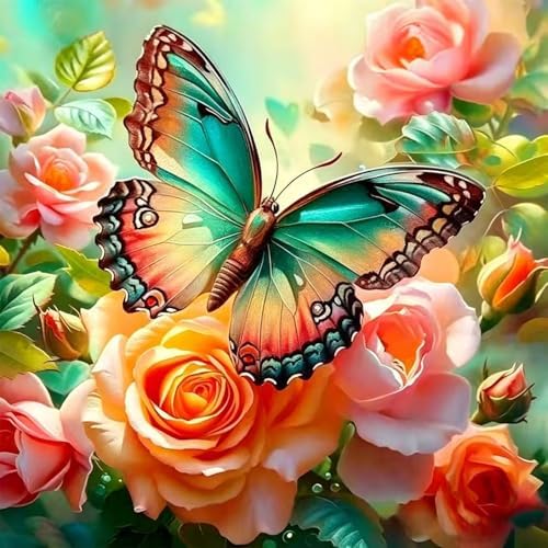 TYPUSOK Butterfly Diamond Art Kits for Adults,Round Full Drill 5D Diamond Painting Kits for Beginners,Flower DIY Diamond Dots Pictures Gem Art Kit,Home Wall Decor 13.78x13.78in