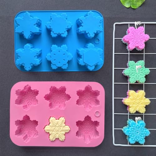 2 Pcs Snowflake Silicone Candle Soap Molds for Christmas Baking Chocolate Candy Cake Pan Cookie Jelly Muffin Ice Cube Trays Baking Moulds DIY Bath Bomb Molds Decoration (Blue Pink)